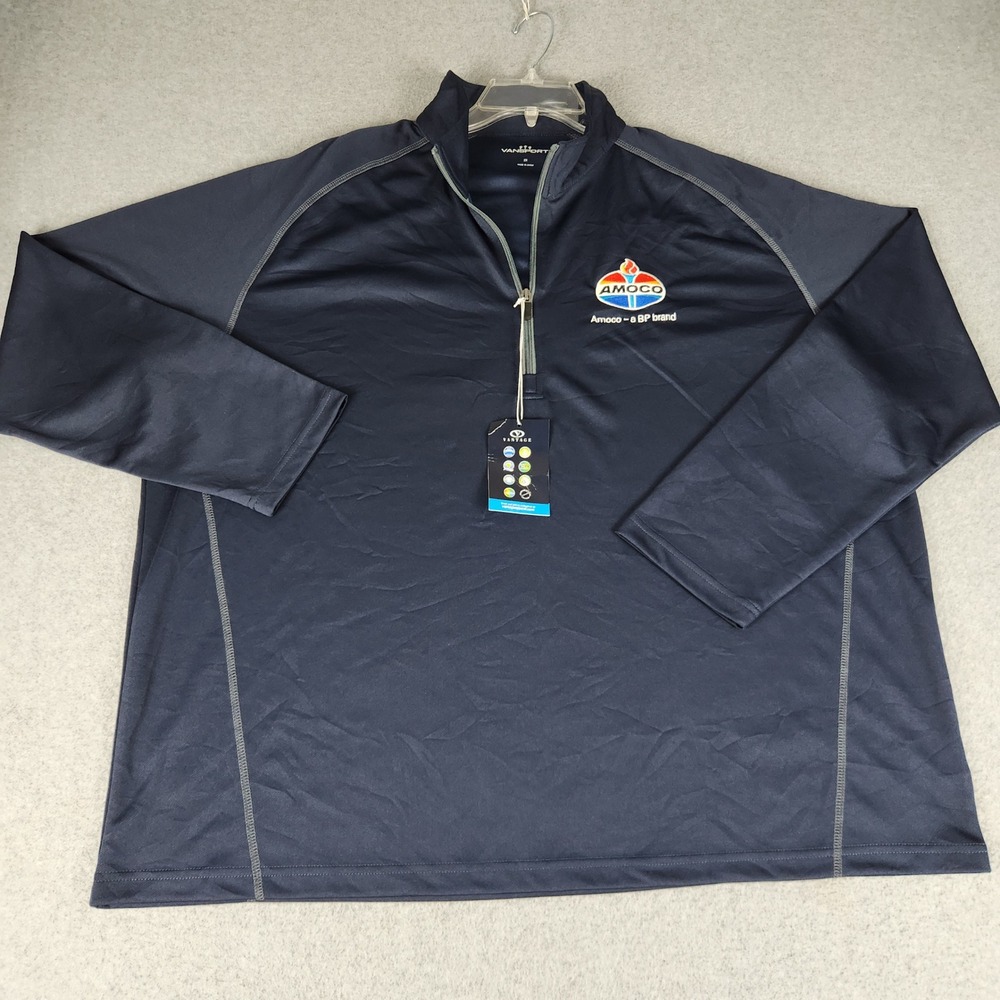 Vansport Amoco BP Brand 1/4 Zip Pullover Mens 2X Navy Performance Long Sleeve